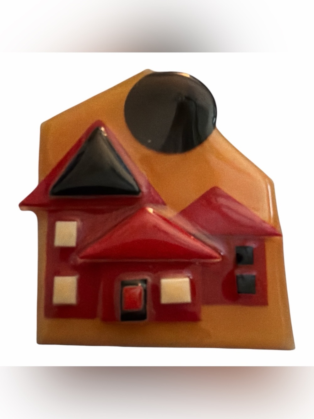 VTG House Pin by Lucinda Handmade Resin Brooch 2" Red Houses